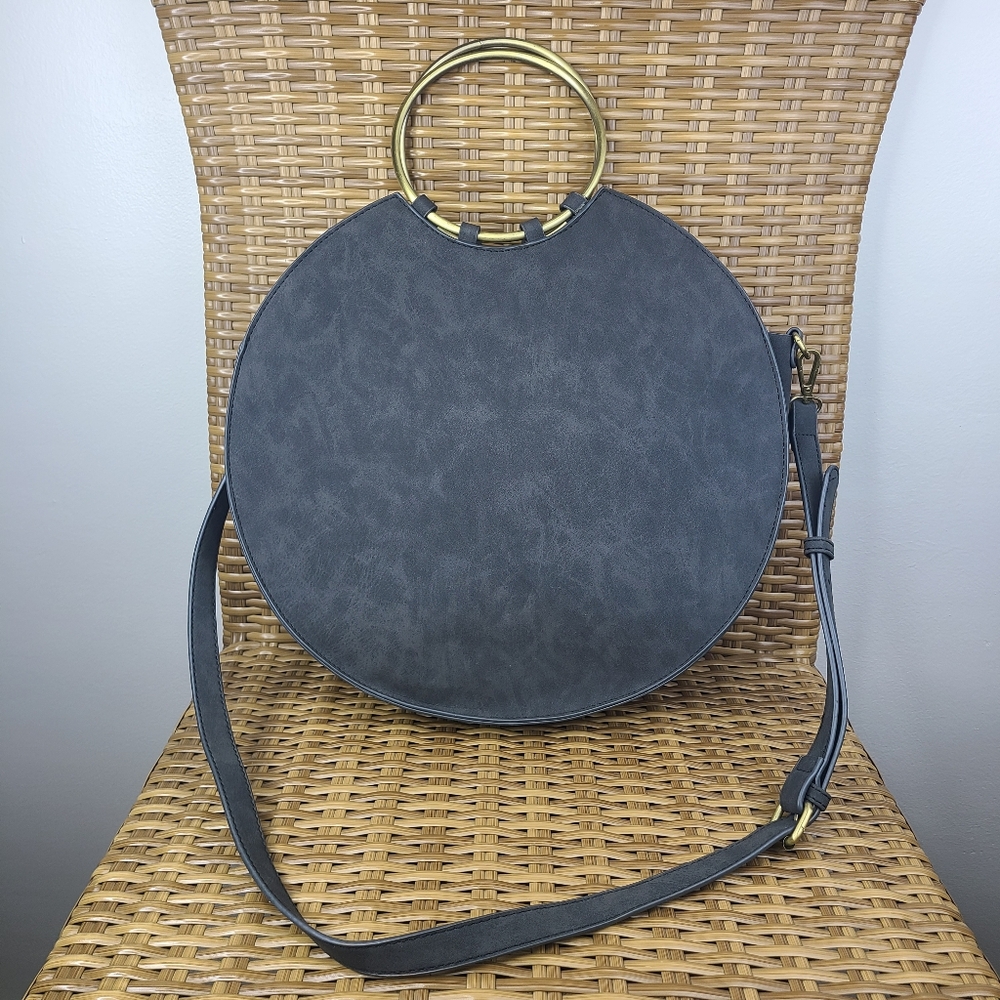Anthropologie Bag Marla Circle Whipstitched Gray Body Brass Hardware Boho Large - Picture 4 of 14
